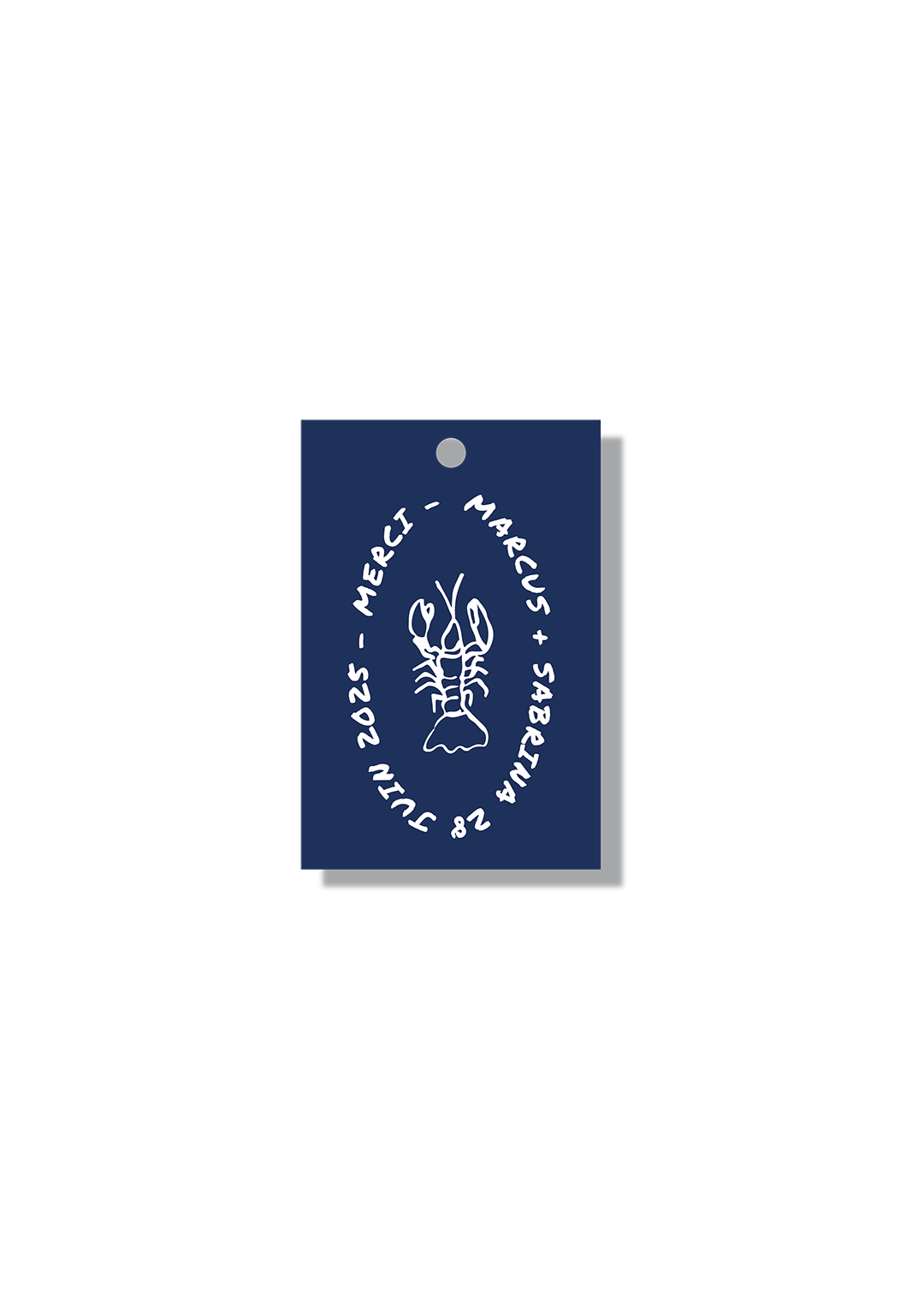 étiquette remerciement mariage bleu marine homard graphique