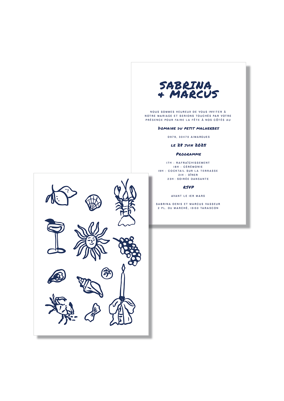 faire-part mariage bleu blanc illustrations modernes programme