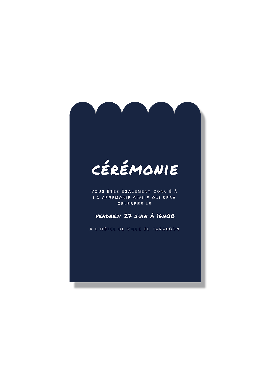 carte cérémonie civile mariage bleu marine typographie blanche