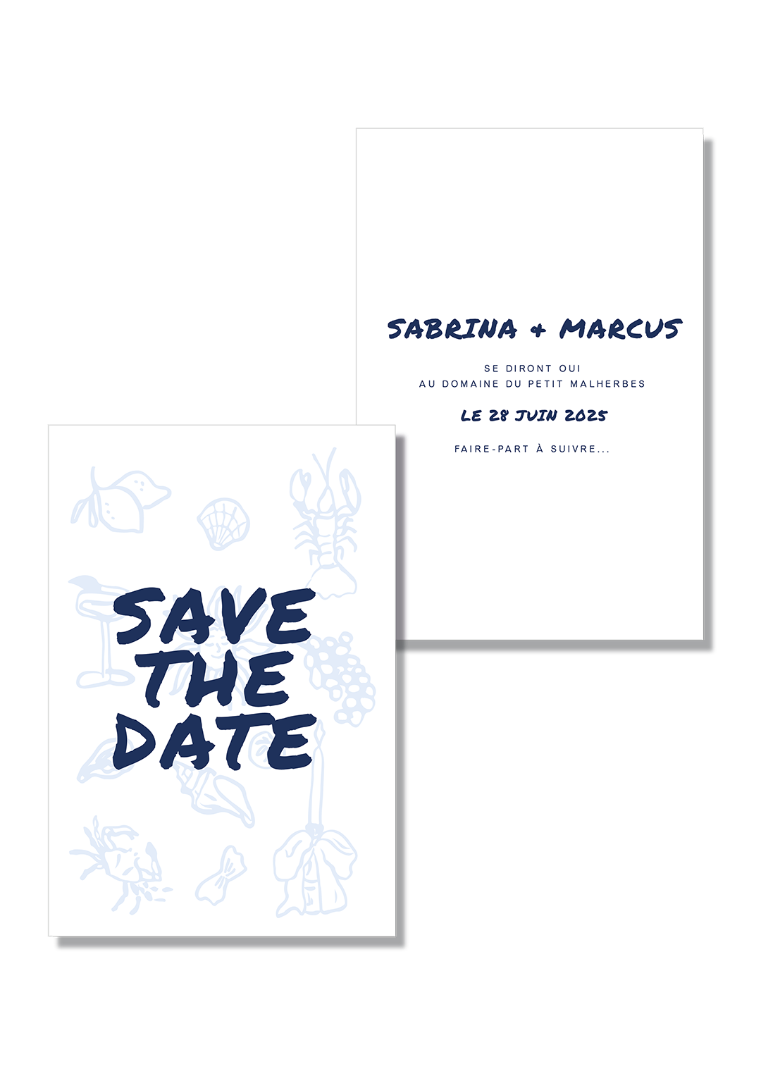 save the date mariage bleu blanc illustrations été