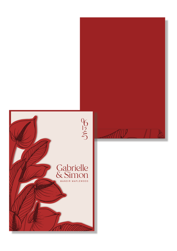 faire-part mariage floral rouge beige typographie moderne