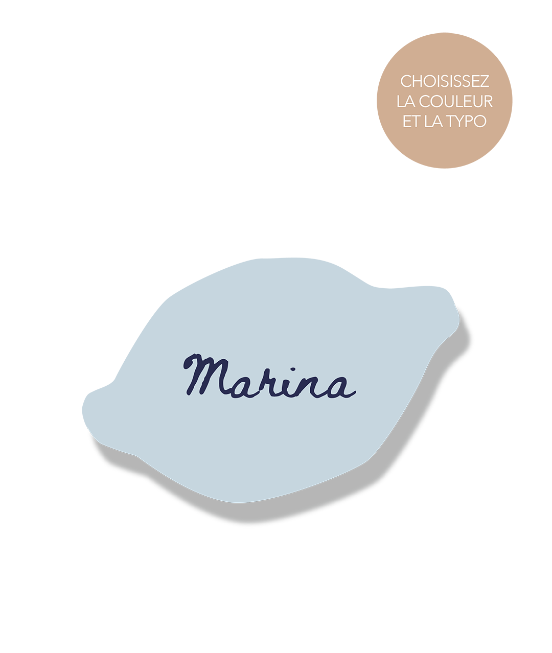 Marque-place bleu forme organique avec typographie manuscrite