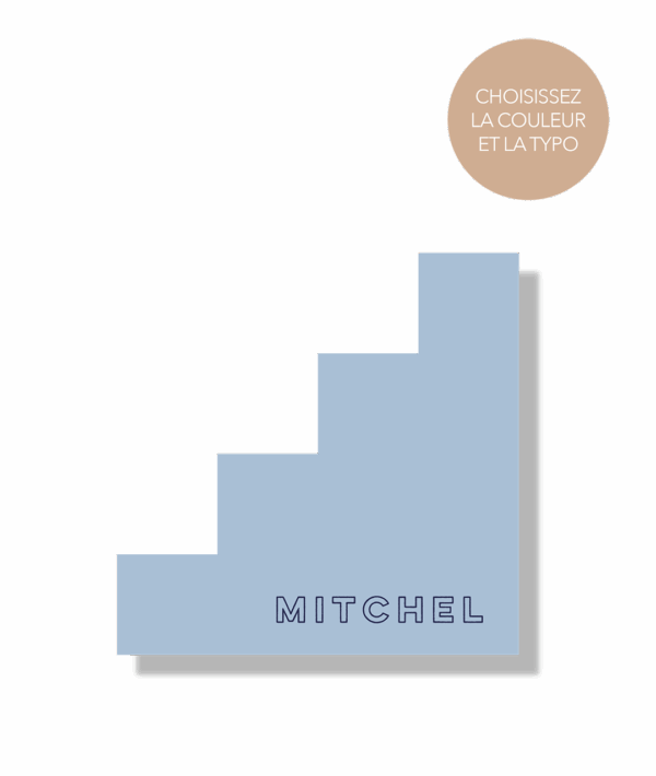 Marque-place bleu pâle géométrique avec découpe graphique et typo outline